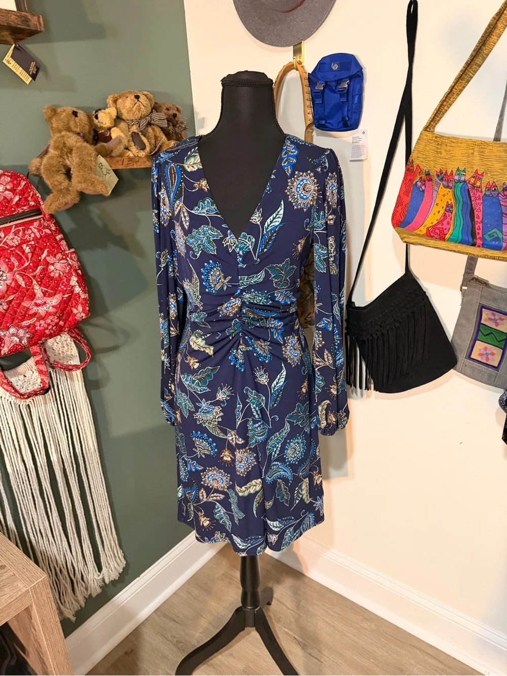 Vince Camuto Blue Paisley Floral Ruched Dress | Size 4 | Boho Chic